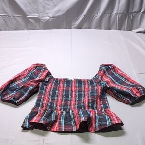 Draper James Red and Black Puff Sleeve Crop Blouse